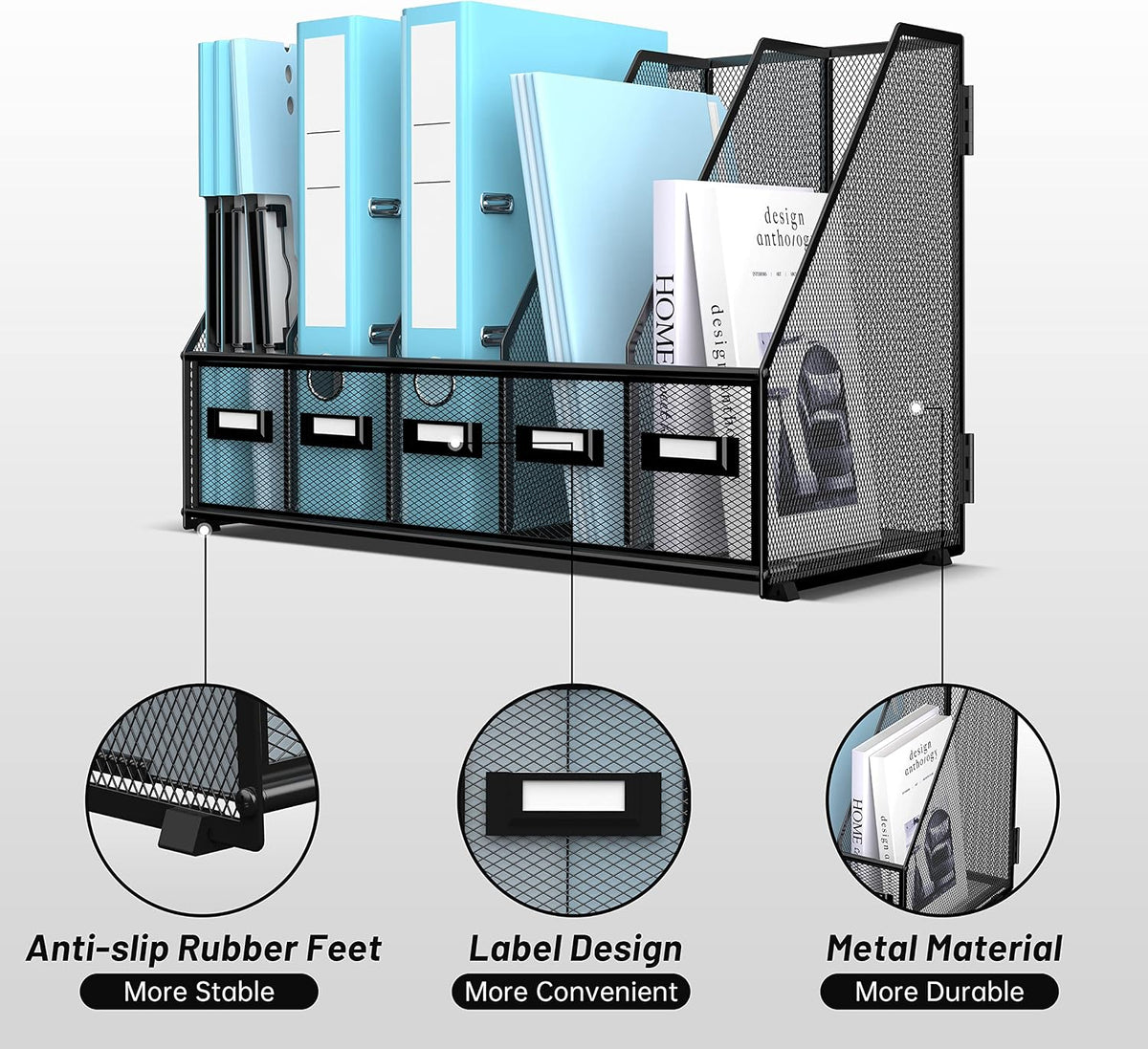 Desk Organizers Metal Desk Magazine File Holder with 5 Vertical Compartments Rack File Organizer for Office Desktop, Classroom, Home Workspace, Black
