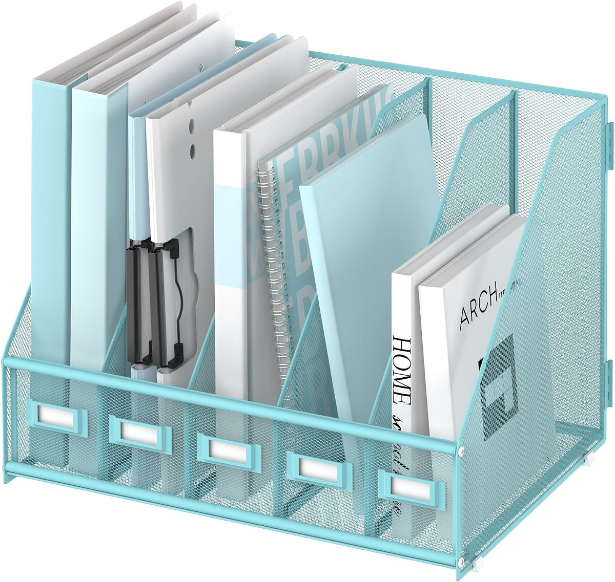 Desk Organizers Metal Desk Magazine File Holder with 5 Vertical Compartments Rack File Organizer for Office Desktop, Classroom, Home Workspace, Black