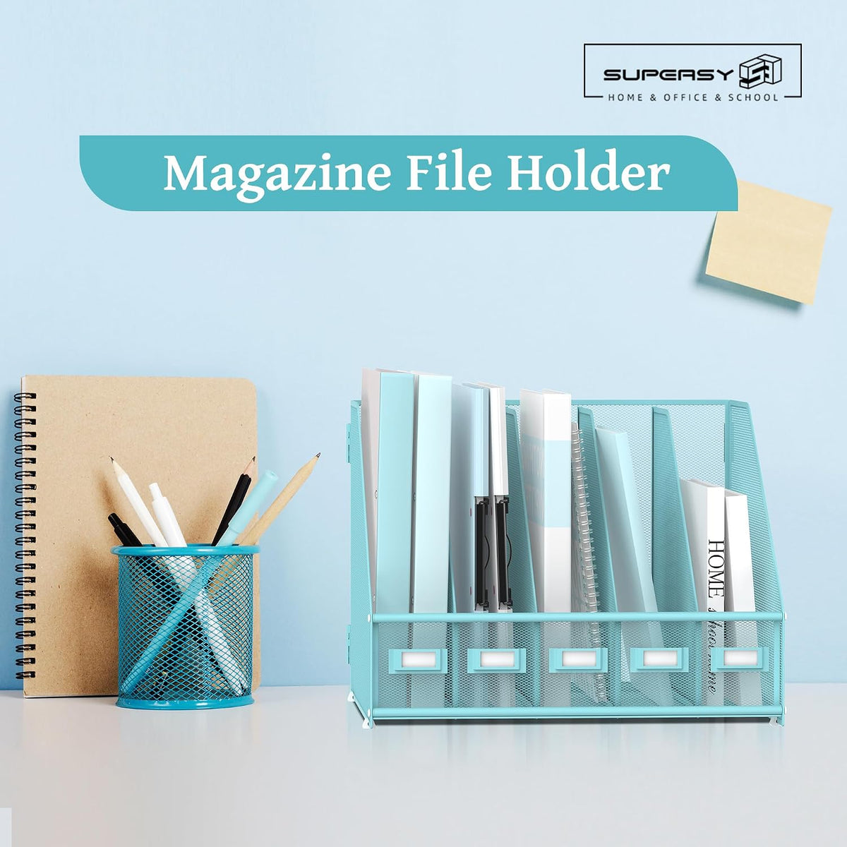 Desk Organizers Metal Desk Magazine File Holder with 5 Vertical Compartments Rack File Organizer for Office Desktop, Classroom, Home Workspace, Black