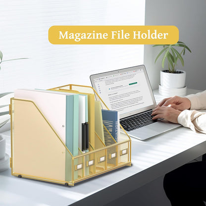 Desk Organizers Metal Desk Magazine File Holder with 5 Vertical Compartments Rack File Organizer for Office Desktop, Classroom, Home Workspace, Black