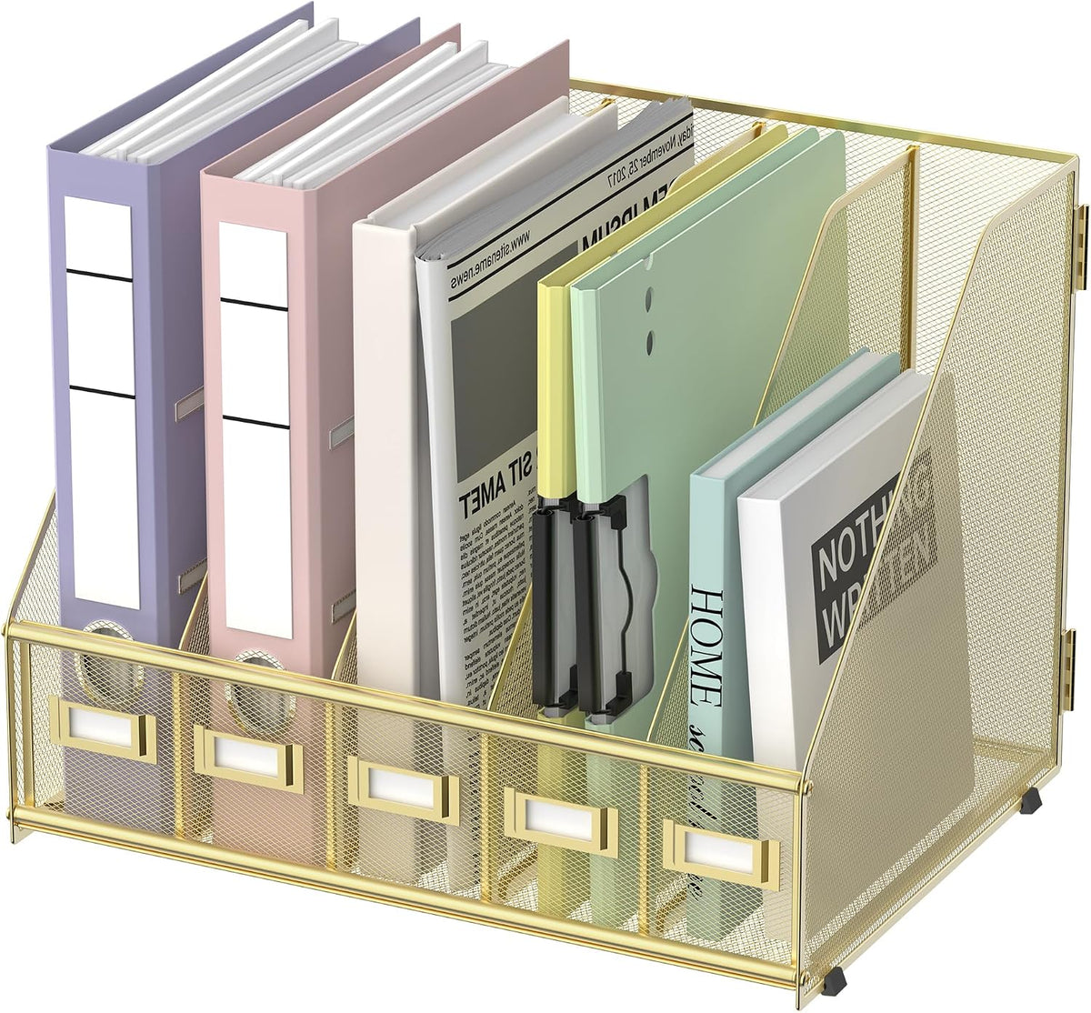 Desk Organizers Metal Desk Magazine File Holder with 5 Vertical Compartments Rack File Organizer for Office Desktop, Classroom, Home Workspace, Black