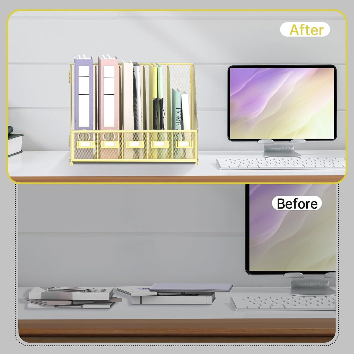 Desk Organizers Metal Desk Magazine File Holder with 5 Vertical Compartments Rack File Organizer for Office Desktop, Classroom, Home Workspace, Black