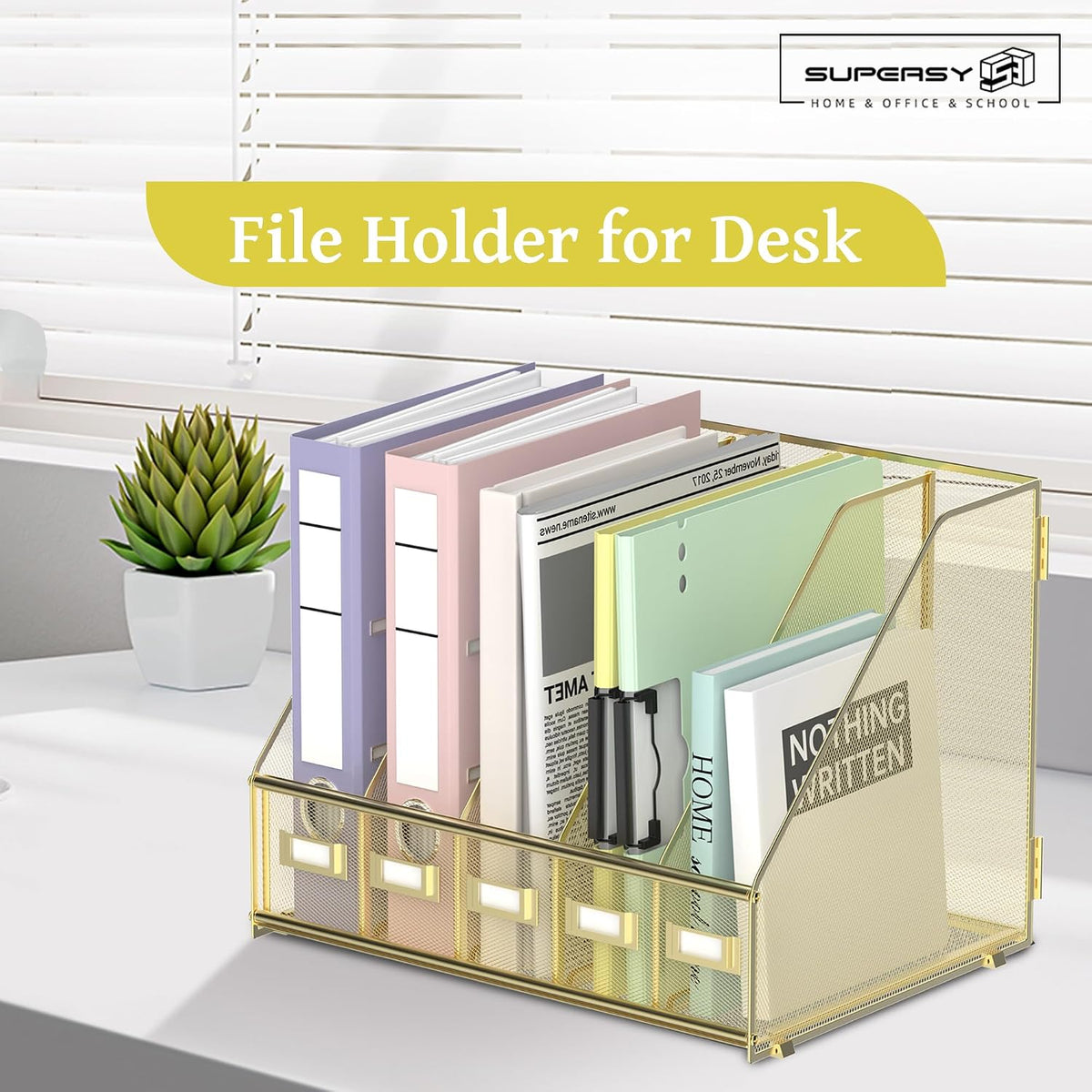 Desk Organizers Metal Desk Magazine File Holder with 5 Vertical Compartments Rack File Organizer for Office Desktop, Classroom, Home Workspace, Black