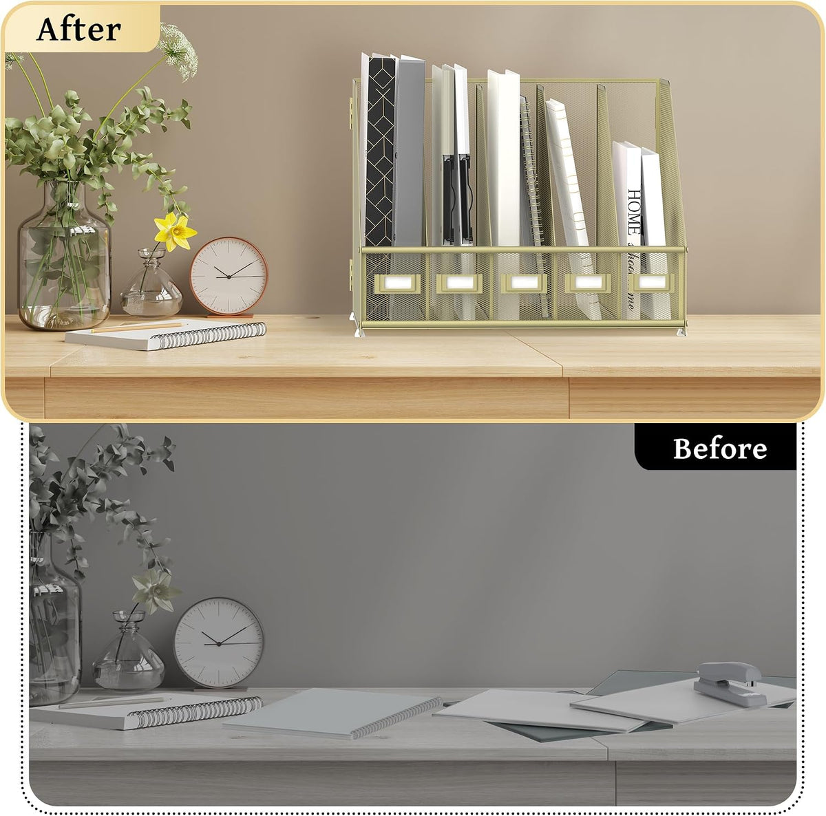 Desk Organizers Metal Desk Magazine File Holder with 5 Vertical Compartments Rack File Organizer for Office Desktop, Classroom, Home Workspace, Black