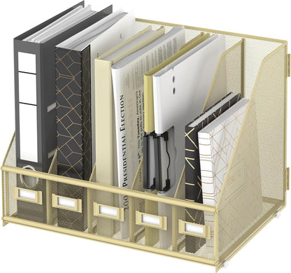 Desk Organizers Metal Desk Magazine File Holder with 5 Vertical Compartments Rack File Organizer for Office Desktop, Classroom, Home Workspace, Black
