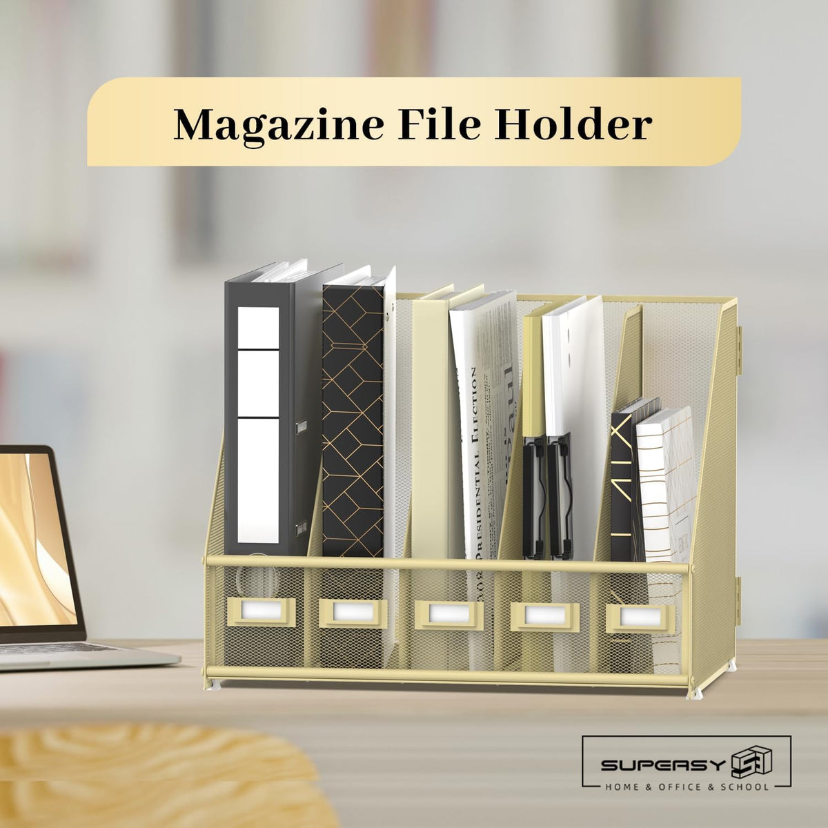 Desk Organizers Metal Desk Magazine File Holder with 5 Vertical Compartments Rack File Organizer for Office Desktop, Classroom, Home Workspace, Black
