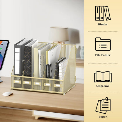 Desk Organizers Metal Desk Magazine File Holder with 5 Vertical Compartments Rack File Organizer for Office Desktop, Classroom, Home Workspace, Black