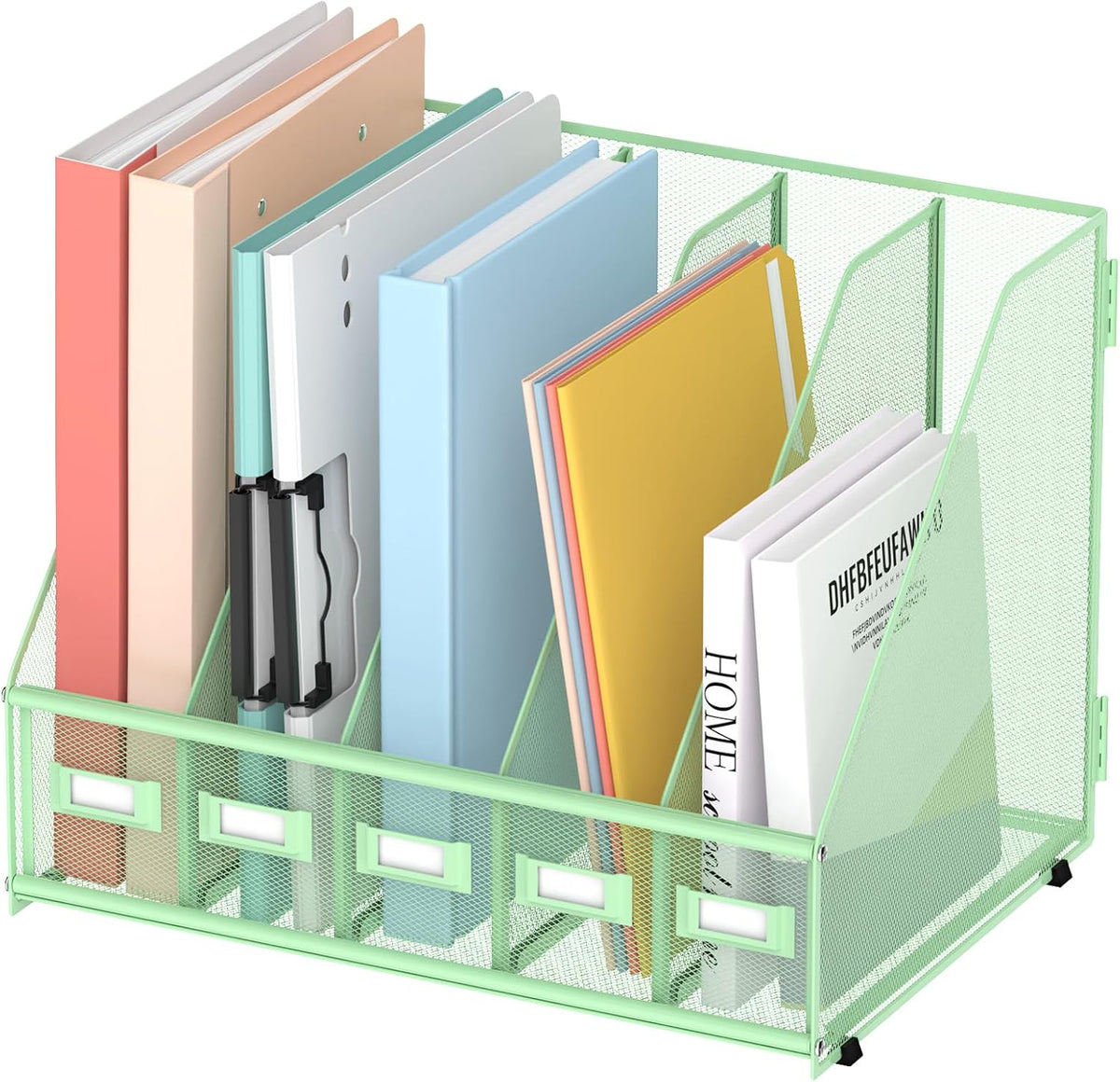 Desk Organizers Metal Desk Magazine File Holder with 5 Vertical Compartments Rack File Organizer for Office Desktop, Classroom, Home Workspace, Black