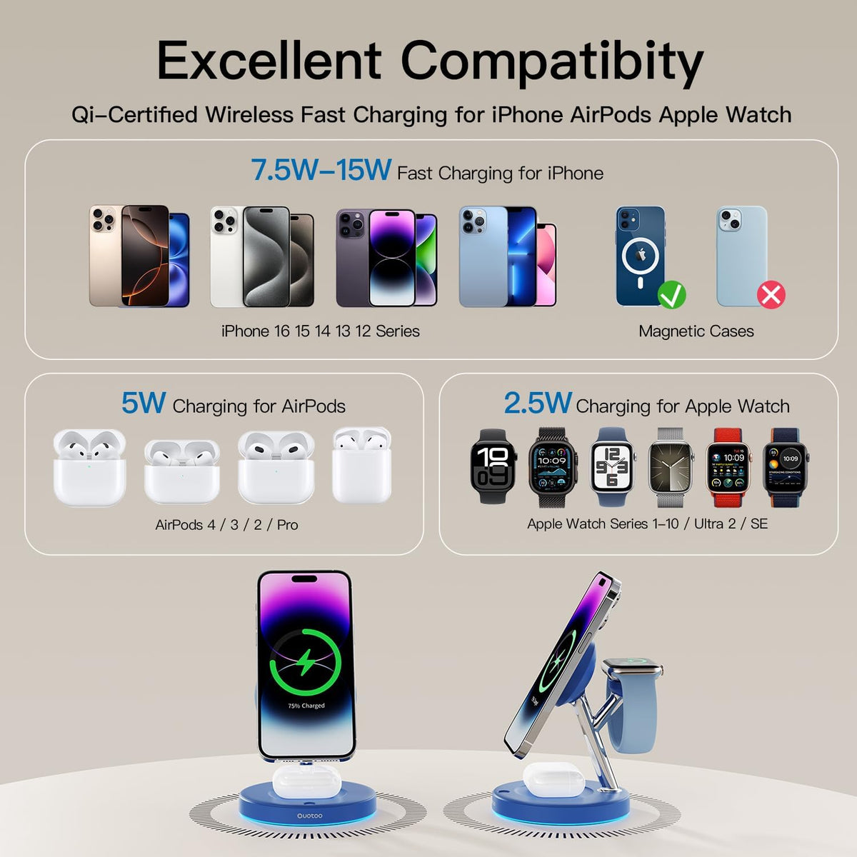 3 in 1 Mag-Safe Wireless Charger Stand for iPhone Apple Watch AirPods