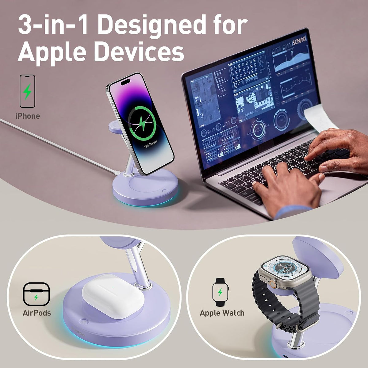 3 in 1 Mag-Safe Wireless Charger Stand for iPhone Apple Watch AirPods