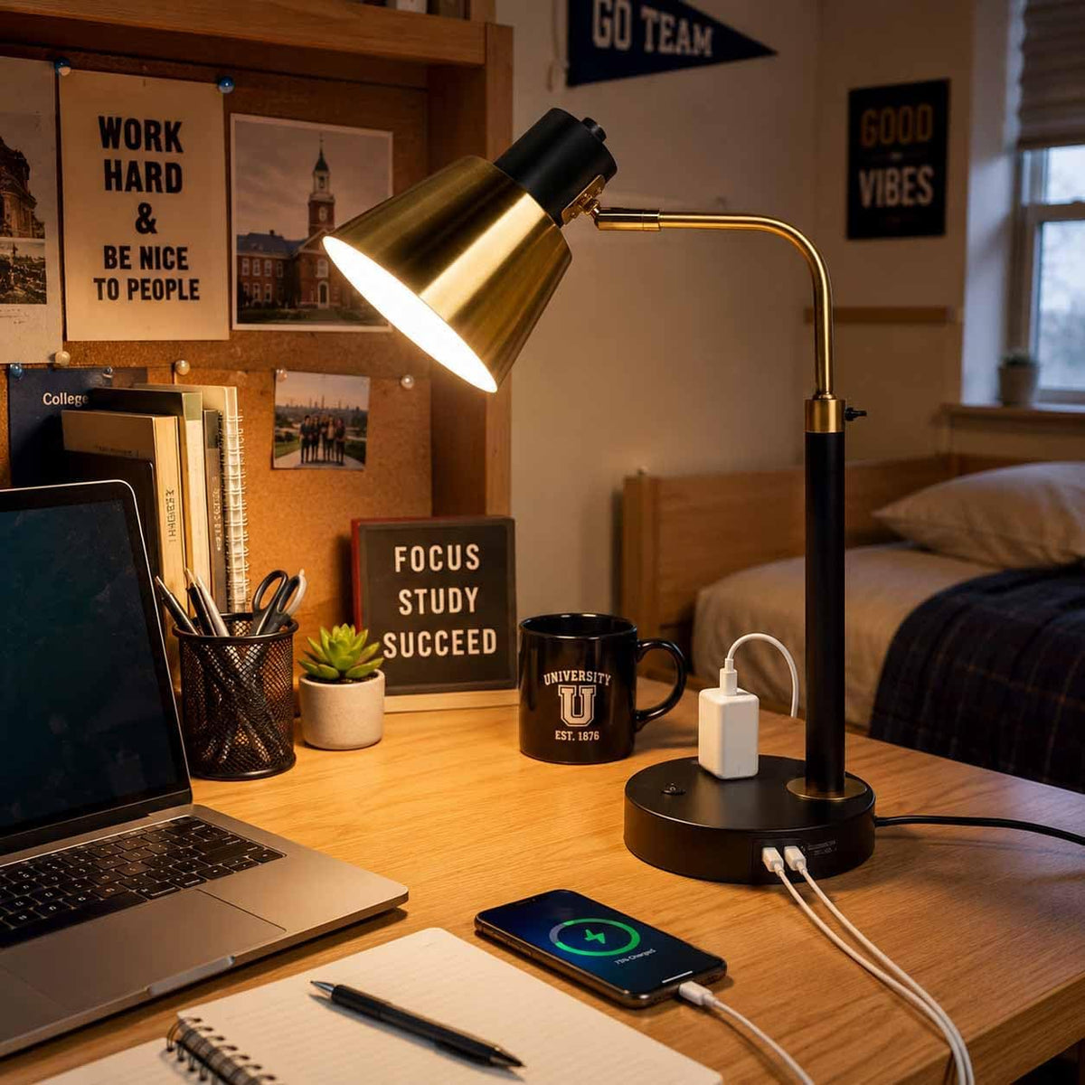 Adjustable Desk Lamp with Dual USB-C/A & AC Outlet 340° Swivel Lamp Head