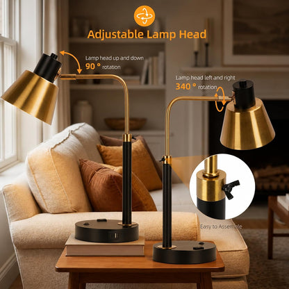 Adjustable Desk Lamp with Dual USB-C/A & AC Outlet 340° Swivel Lamp Head