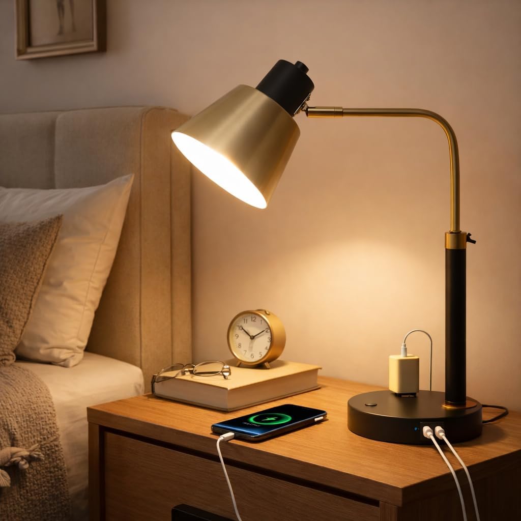 Adjustable Desk Lamp with Dual USB-C/A & AC Outlet 340° Swivel Lamp Head