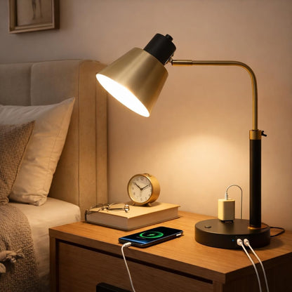 Adjustable Desk Lamp with Dual USB-C/A & AC Outlet 340° Swivel Lamp Head