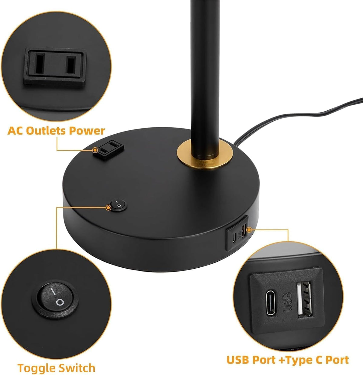 Adjustable Desk Lamp with Dual USB-C/A & AC Outlet 340° Swivel Lamp Head