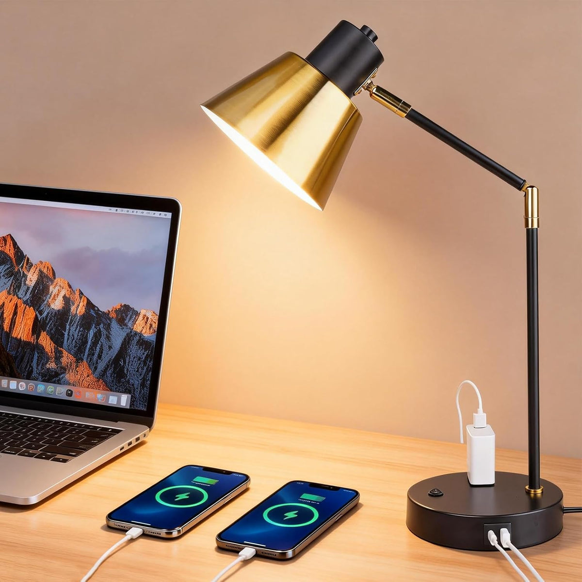 Adjustable Desk Lamp with Dual USB-C/A & AC Outlet 340° Swivel Lamp Head