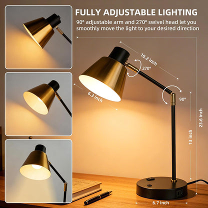 Adjustable Desk Lamp with Dual USB-C/A & AC Outlet 340° Swivel Lamp Head