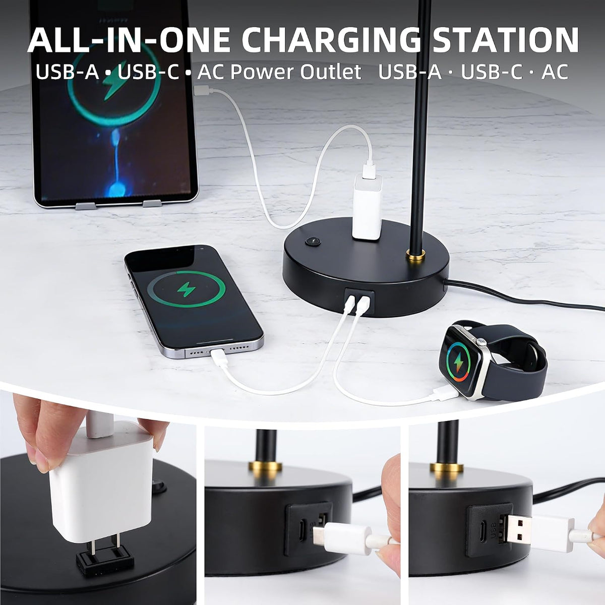 Adjustable Desk Lamp with Dual USB-C/A & AC Outlet 340° Swivel Lamp Head