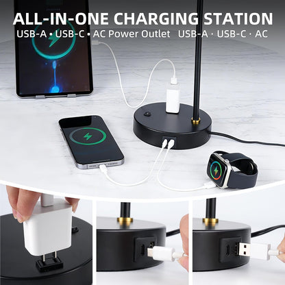 Adjustable Desk Lamp with Dual USB-C/A & AC Outlet 340° Swivel Lamp Head