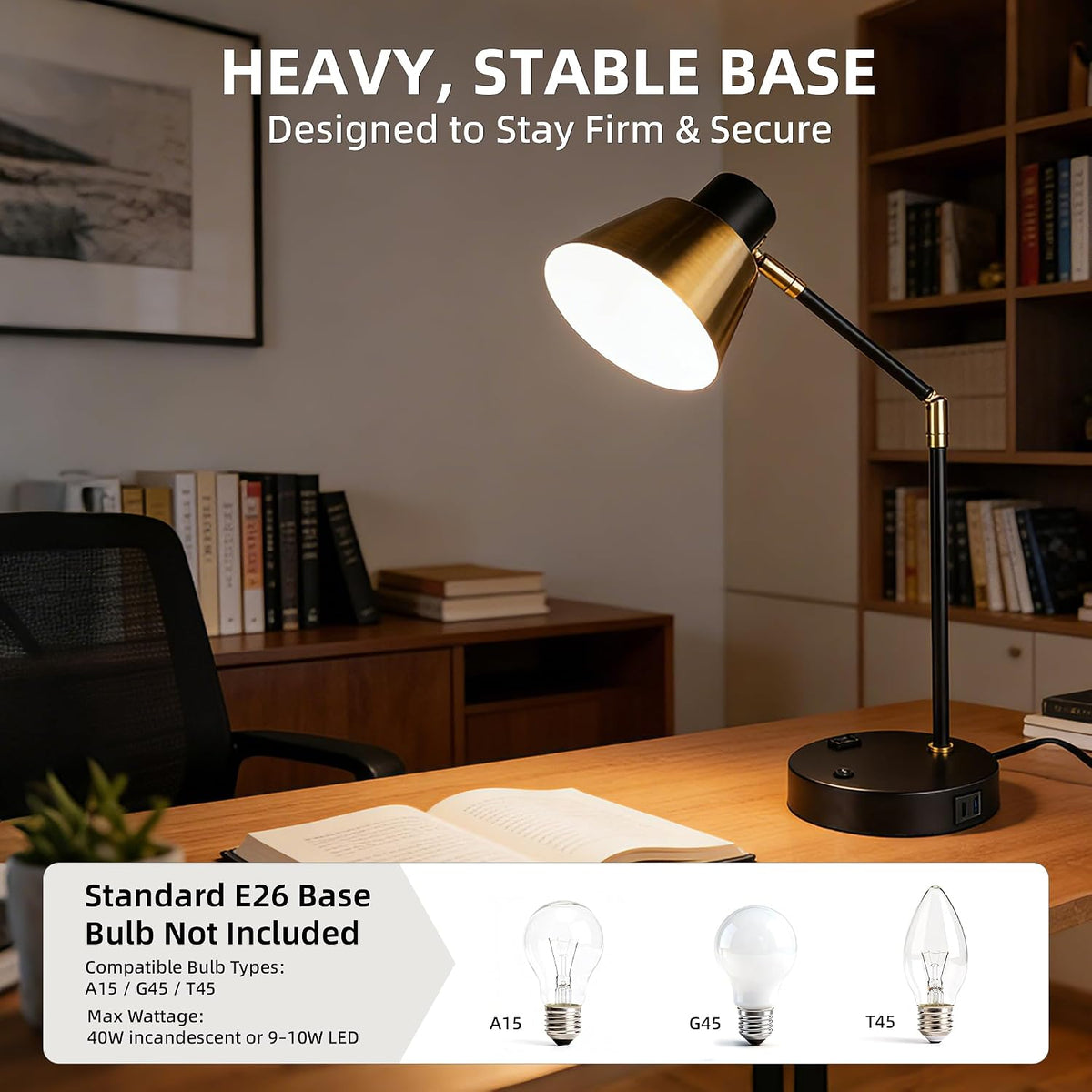 Adjustable Desk Lamp with Dual USB-C/A & AC Outlet 340° Swivel Lamp Head