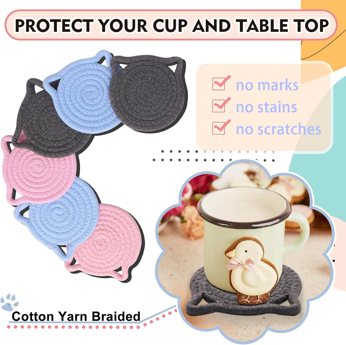 Cute Coasters for Desk Set of 2, Extra Large 4.8 in* 8mm, Absorbent Handmade Fabric Drink Coasters for Coffee & Tea - Fall House Warm Home Décor, Protect The Wooden Table (2 Pack-Cat-Blush Pink)