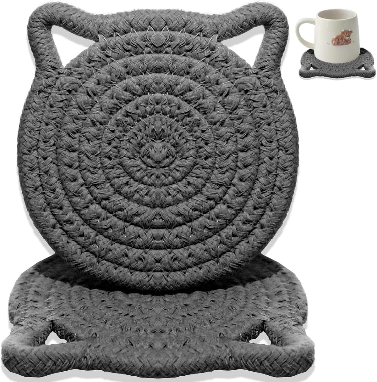 Cute Coasters for Desk Set of 2, Extra Large 4.8 in* 8mm, Absorbent Handmade Fabric Drink Coasters for Coffee & Tea - Fall House Warm Home Décor, Protect The Wooden Table (2 Pack-Cat-Blush Pink)