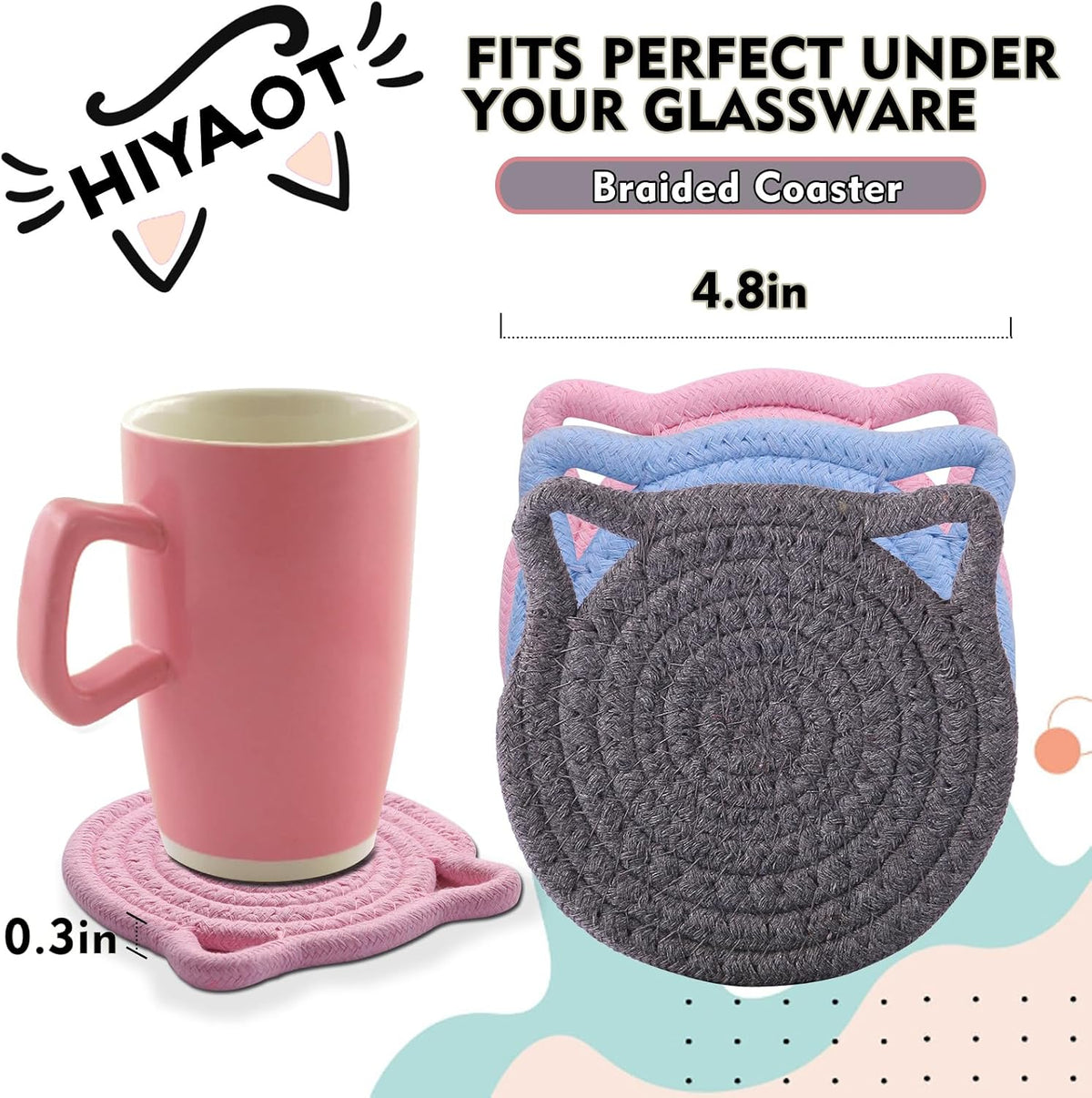 Cute Coasters for Desk Set of 2, Extra Large 4.8 in* 8mm, Absorbent Handmade Fabric Drink Coasters for Coffee & Tea - Fall House Warm Home Décor, Protect The Wooden Table (2 Pack-Cat-Blush Pink)