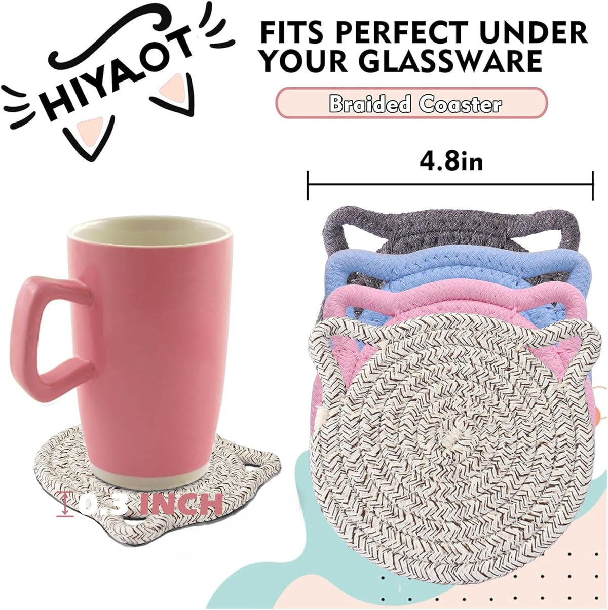 Cute Coasters for Desk Set of 2, Extra Large 4.8 in* 8mm, Absorbent Handmade Fabric Drink Coasters for Coffee & Tea - Fall House Warm Home Décor, Protect The Wooden Table (2 Pack-Cat-Blush Pink)