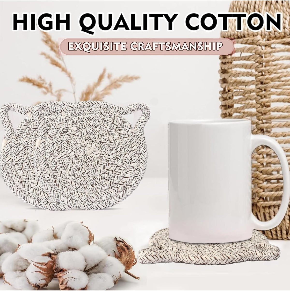 Cute Coasters for Desk Set of 2, Extra Large 4.8 in* 8mm, Absorbent Handmade Fabric Drink Coasters for Coffee & Tea - Fall House Warm Home Décor, Protect The Wooden Table (2 Pack-Cat-Blush Pink)
