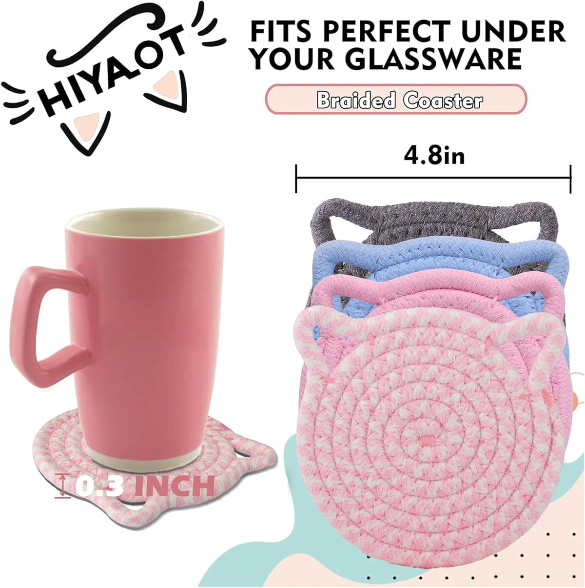 Cute Coasters for Desk Set of 2, Extra Large 4.8 in* 8mm, Absorbent Handmade Fabric Drink Coasters for Coffee & Tea - Fall House Warm Home Décor, Protect The Wooden Table (2 Pack-Cat-Blush Pink)
