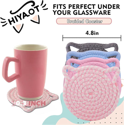 Cute Coasters for Desk Set of 2, Extra Large 4.8 in* 8mm, Absorbent Handmade Fabric Drink Coasters for Coffee & Tea - Fall House Warm Home Décor, Protect The Wooden Table (2 Pack-Cat-Blush Pink)