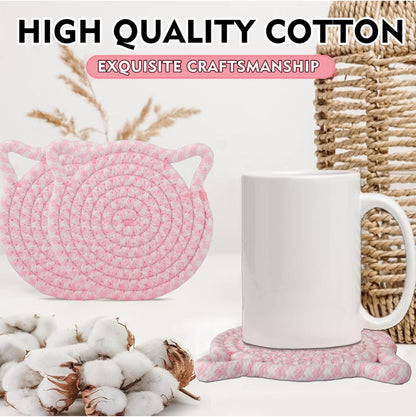 Cute Coasters for Desk Set of 2, Extra Large 4.8 in* 8mm, Absorbent Handmade Fabric Drink Coasters for Coffee & Tea - Fall House Warm Home Décor, Protect The Wooden Table (2 Pack-Cat-Blush Pink)