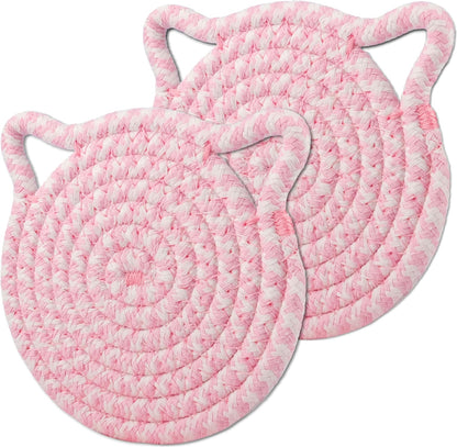Cute Coasters for Desk Set of 2, Extra Large 4.8 in* 8mm, Absorbent Handmade Fabric Drink Coasters for Coffee & Tea - Fall House Warm Home Décor, Protect The Wooden Table (2 Pack-Cat-Blush Pink)