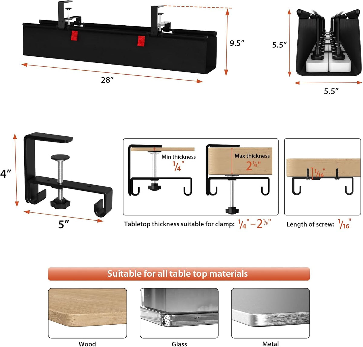 No Drill Under Desk Cable Management Tray, 36 inch Cable Management