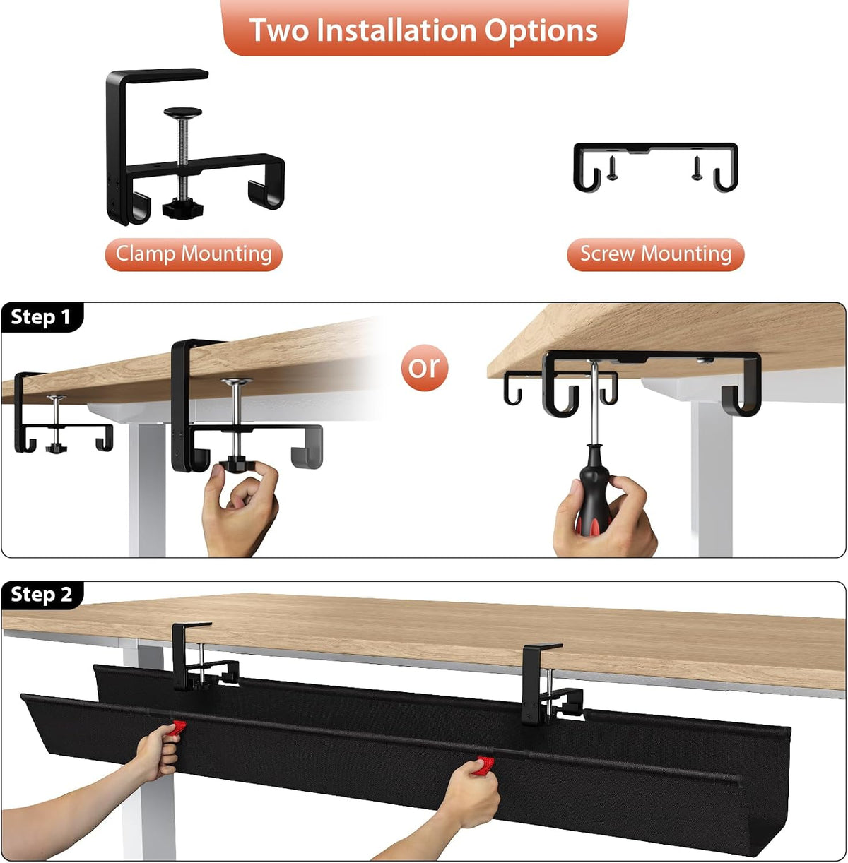No Drill Under Desk Cable Management Tray, 36 inch Cable Management