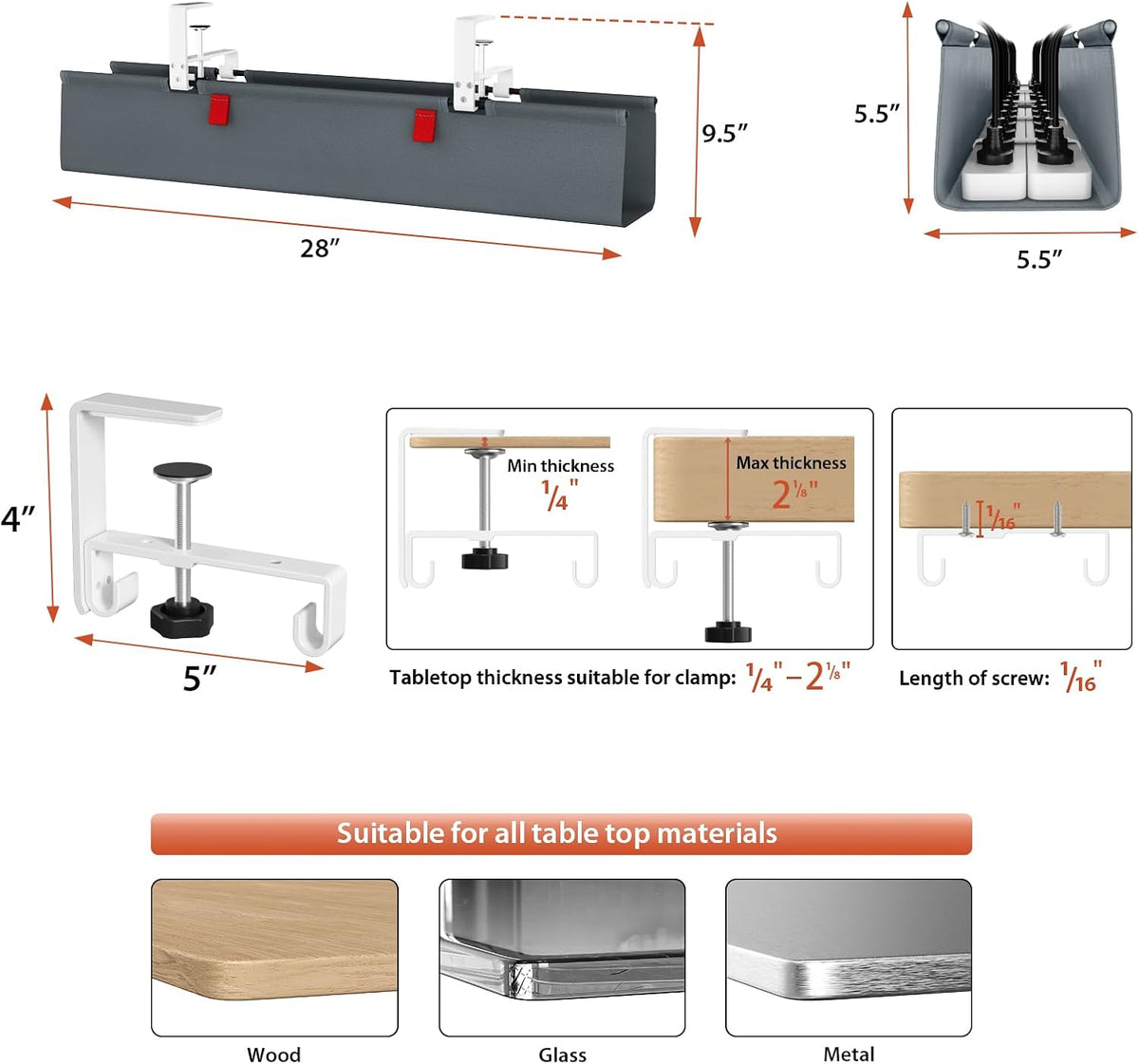 No Drill Under Desk Cable Management Tray, 36 inch Cable Management