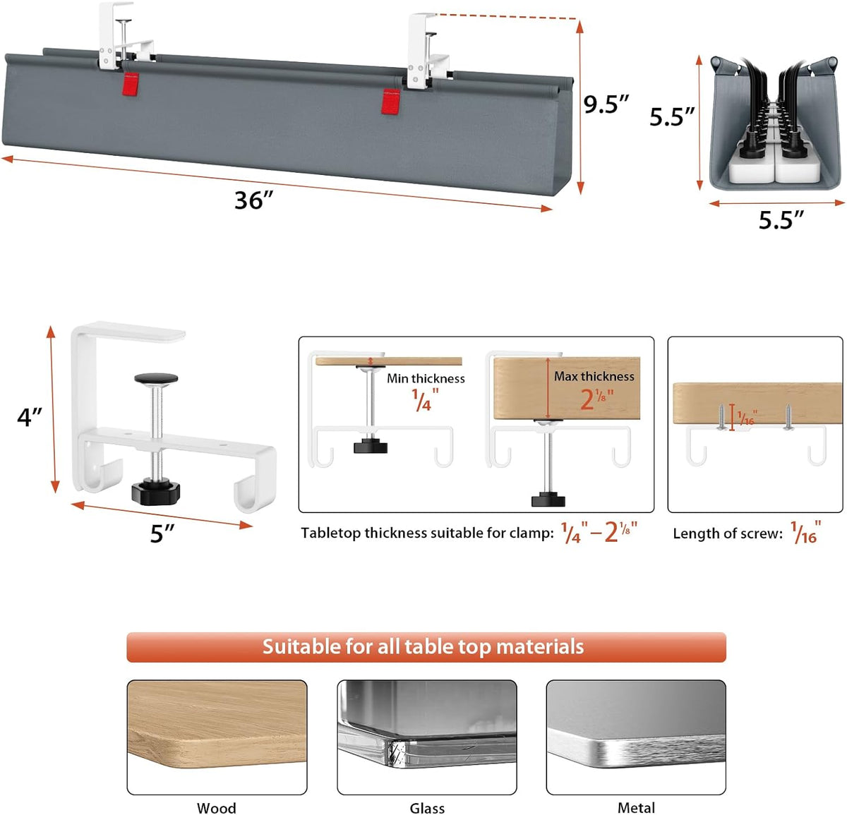 No Drill Under Desk Cable Management Tray, 36 inch Cable Management