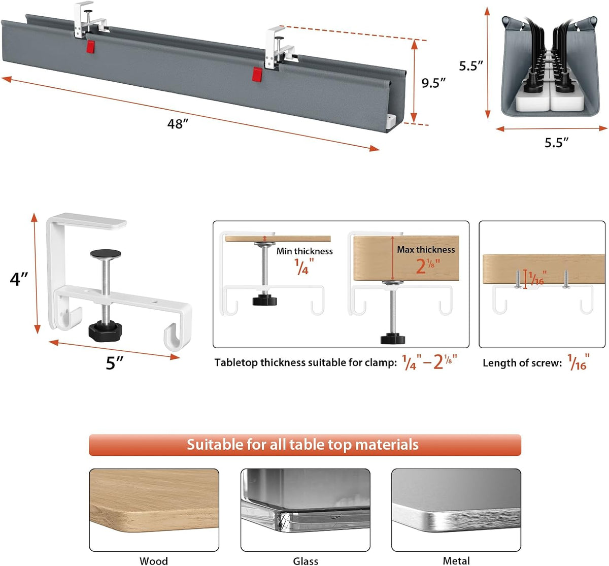 No Drill Under Desk Cable Management Tray, 36 inch Cable Management