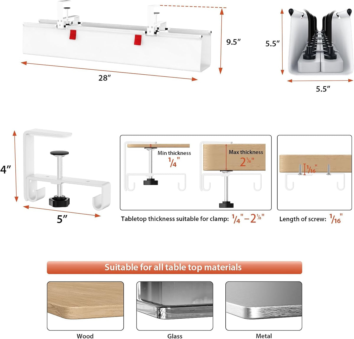 No Drill Under Desk Cable Management Tray, 36 inch Cable Management