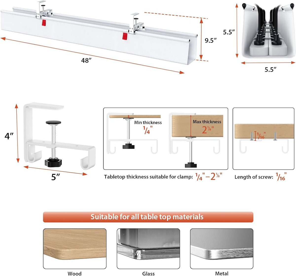 No Drill Under Desk Cable Management Tray, 36 inch Cable Management