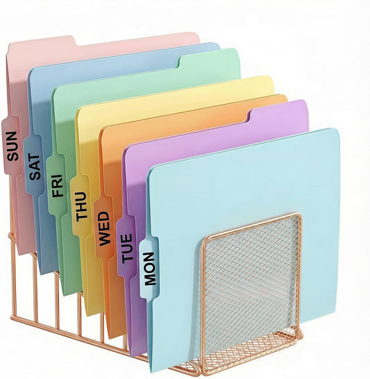 Rose Gold Desk Organizer 7 Slot Inclined Vertical File Folder Holder Sorter with Mesh Front – Metal Wire Rack for Mail, Slim Binders, Books Office Organization & Desktop Accessories