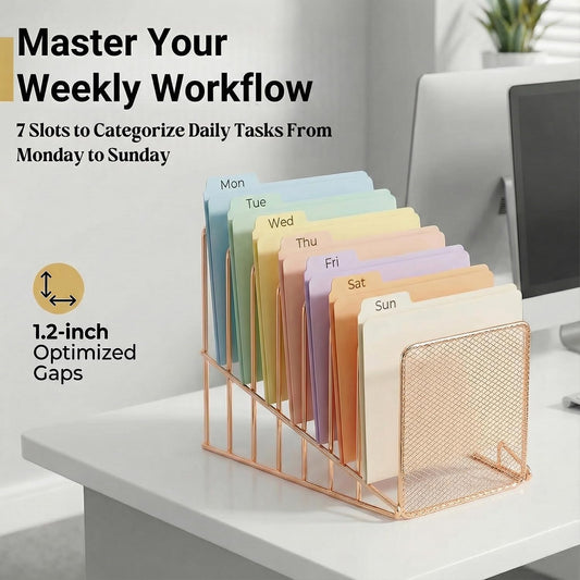 Rose Gold Desk Organizer 7 Slot Inclined Vertical File Folder Holder Sorter with Mesh Front – Metal Wire Rack for Mail, Slim Binders, Books Office Organization & Desktop Accessories