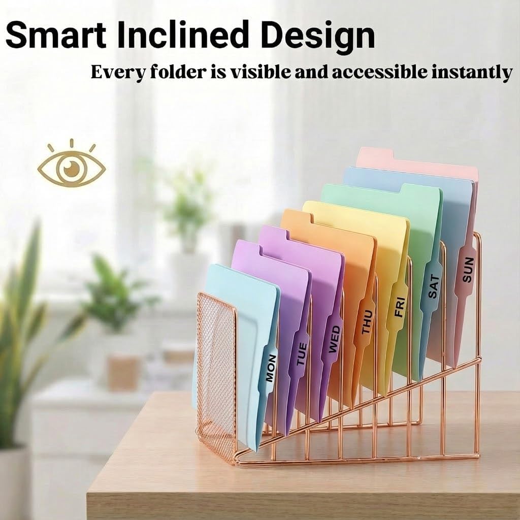 Rose Gold Desk Organizer 7 Slot Inclined Vertical File Folder Holder Sorter with Mesh Front – Metal Wire Rack for Mail, Slim Binders, Books Office Organization & Desktop Accessories