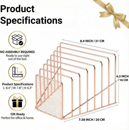 Rose Gold Desk Organizer 7 Slot Inclined Vertical File Folder Holder Sorter with Mesh Front – Metal Wire Rack for Mail, Slim Binders, Books Office Organization & Desktop Accessories
