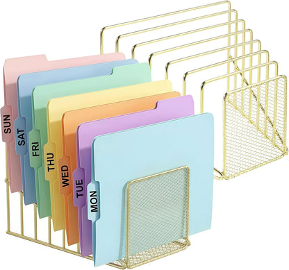 Rose Gold Desk Organizer 7 Slot Inclined Vertical File Folder Holder Sorter with Mesh Front – Metal Wire Rack for Mail, Slim Binders, Books Office Organization & Desktop Accessories