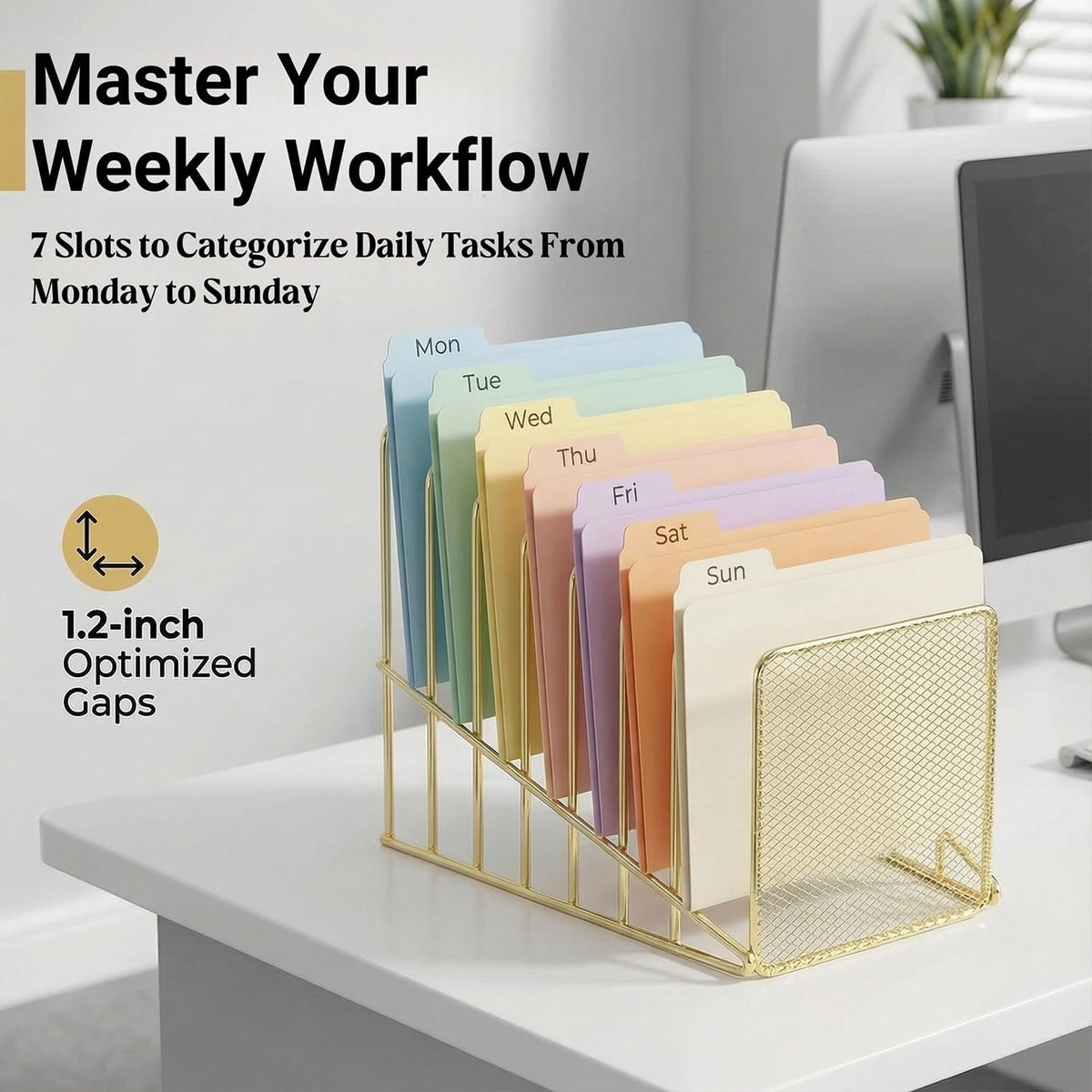 Rose Gold Desk Organizer 7 Slot Inclined Vertical File Folder Holder Sorter with Mesh Front – Metal Wire Rack for Mail, Slim Binders, Books Office Organization & Desktop Accessories