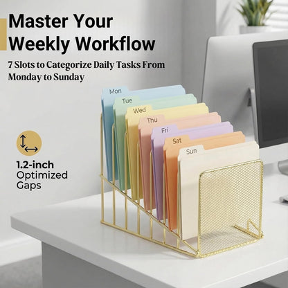 Rose Gold Desk Organizer 7 Slot Inclined Vertical File Folder Holder Sorter with Mesh Front – Metal Wire Rack for Mail, Slim Binders, Books Office Organization & Desktop Accessories