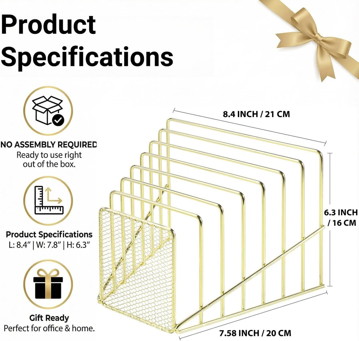 Rose Gold Desk Organizer 7 Slot Inclined Vertical File Folder Holder Sorter with Mesh Front – Metal Wire Rack for Mail, Slim Binders, Books Office Organization & Desktop Accessories