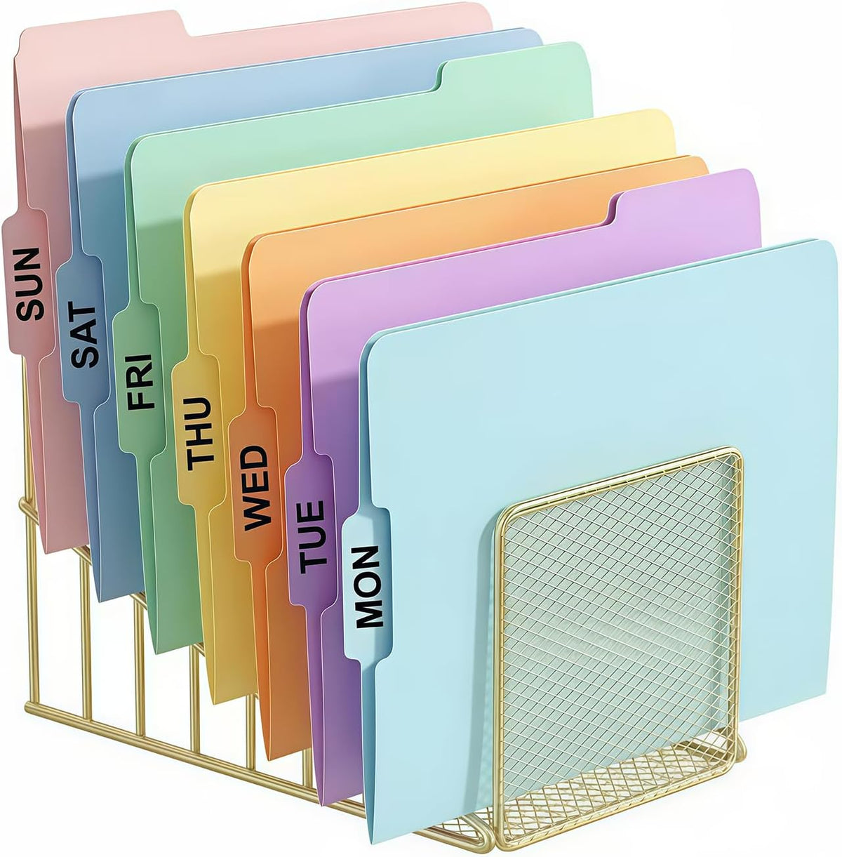 Rose Gold Desk Organizer 7 Slot Inclined Vertical File Folder Holder Sorter with Mesh Front – Metal Wire Rack for Mail, Slim Binders, Books Office Organization & Desktop Accessories