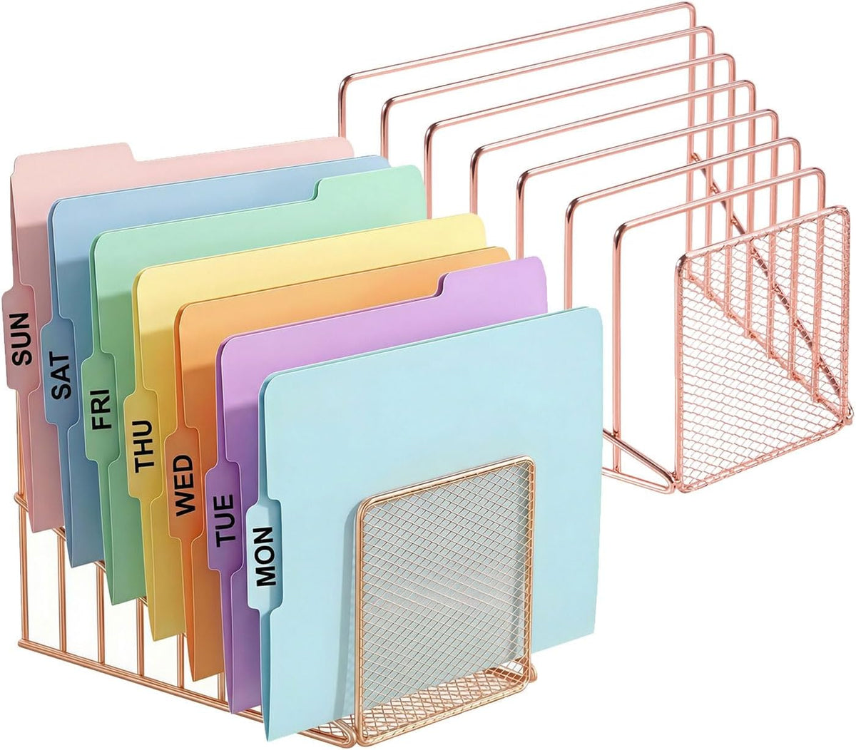 Rose Gold Desk Organizer 7 Slot Inclined Vertical File Folder Holder Sorter with Mesh Front – Metal Wire Rack for Mail, Slim Binders, Books Office Organization & Desktop Accessories